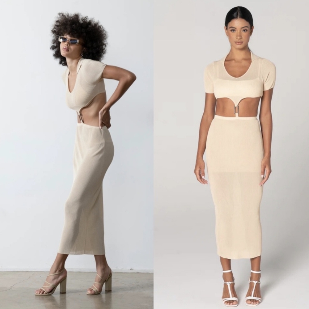 Aya Muse Bella Cut Out Dress in Sand XS Ribbed Knit Sheer Collared Summer